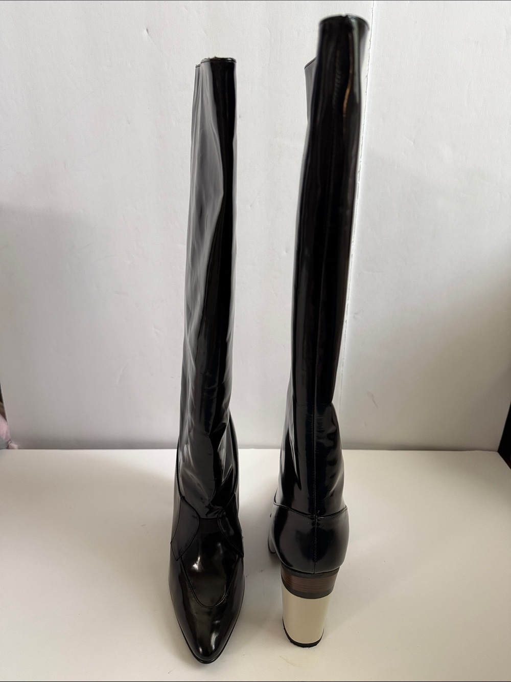 Marni Black Patent Leather Knee-High Boots with Multi-Tonal Stacked Heel